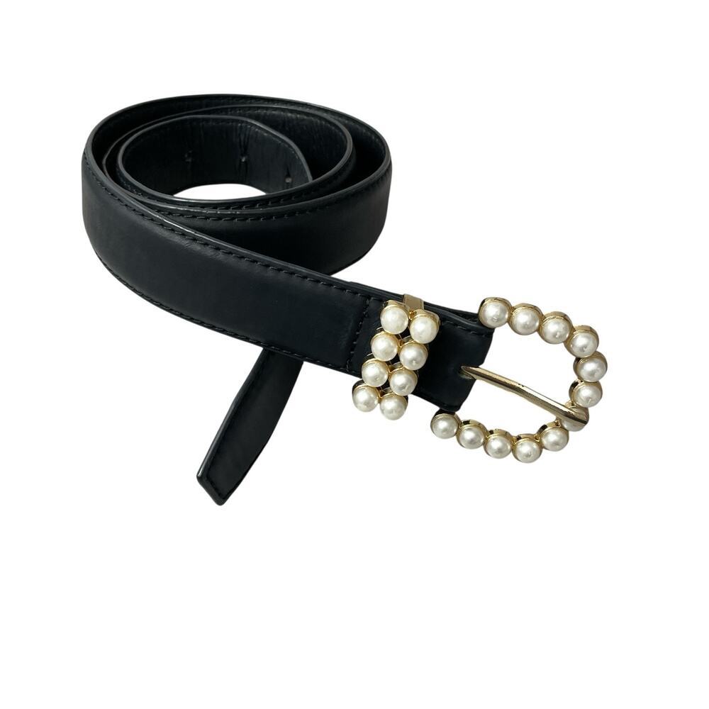 LP Blue Belt Womens Medium Black Vegan Leather Faux Pearl Buckle 1.25in Classic